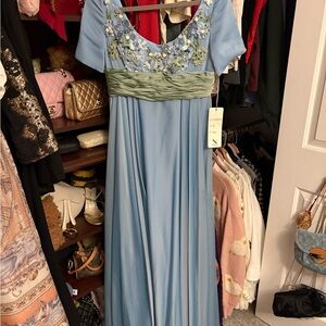 Victor Costa Bridgerton Elegant Blue and Green Floral Dress